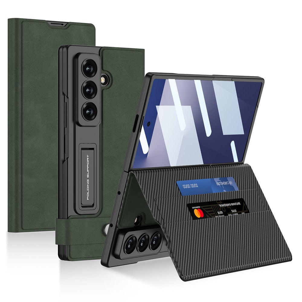 GKK For Samsung Galaxy Z Fold7 5G Case Matte PU + PC + Tempered Glass Wallet Phone Cover with Stand - Green