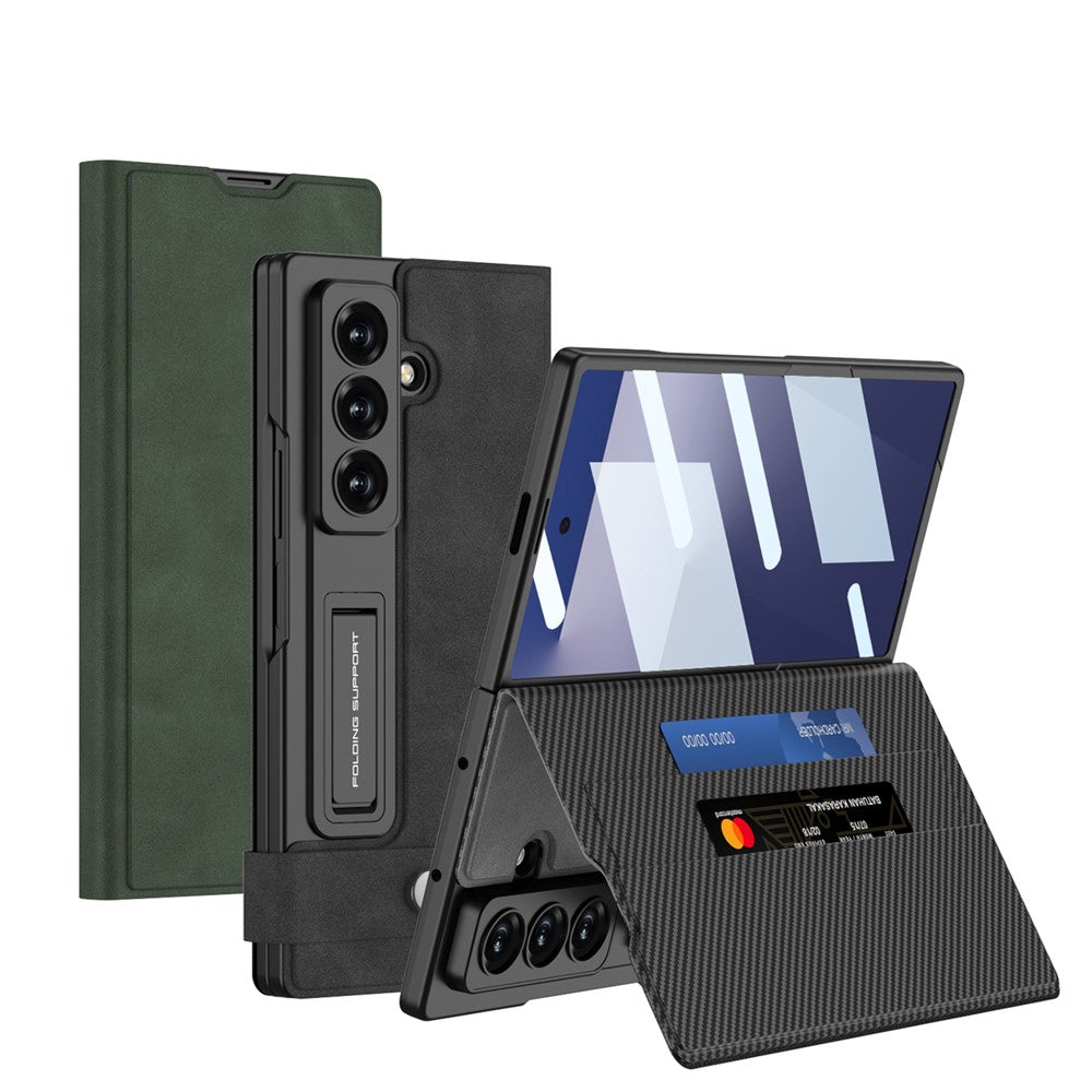 GKK For Samsung Galaxy Z Fold7 5G Case Matte PU + PC + Tempered Glass Wallet Phone Cover with Stand - Green