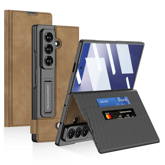 GKK For Samsung Galaxy Z Fold7 5G Case Matte PU + PC + Tempered Glass Wallet Phone Cover with Stand - Brown