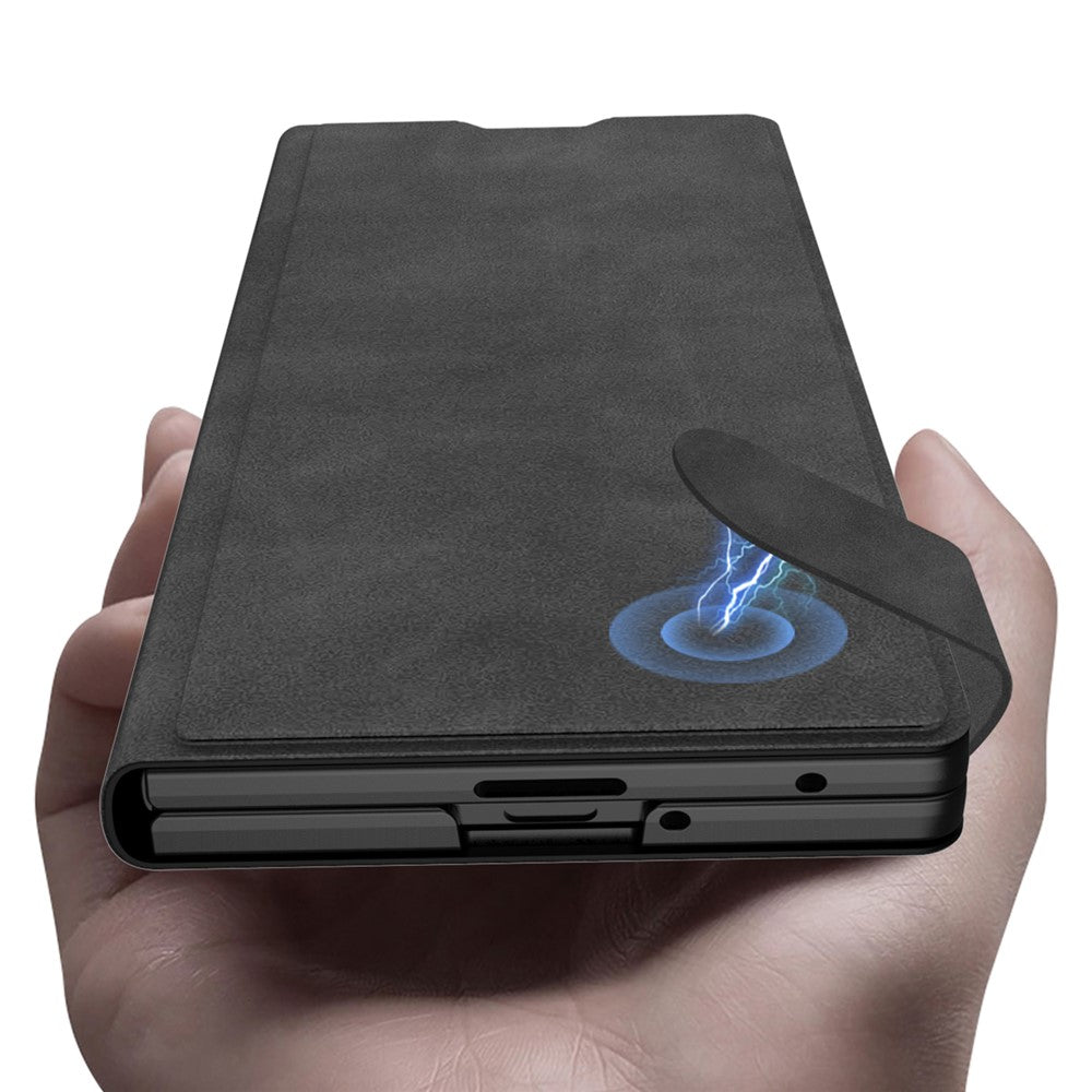 GKK For Samsung Galaxy Z Fold7 5G Case Matte PU + PC + Tempered Glass Wallet Phone Cover with Stand - Brown