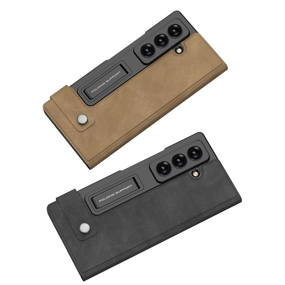 GKK For Samsung Galaxy Z Fold7 5G Case Matte PU + PC + Tempered Glass Wallet Phone Cover with Stand - Brown