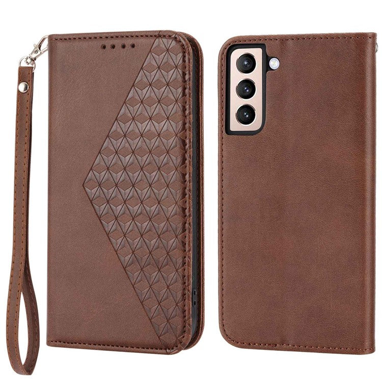 For Samsung Galaxy S22 5G Imprinted Rhombus Pattern Wallet Stand Phone Case Calf Texture PU Leather Shockproof Cover with Strap - Brown