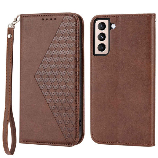 For Samsung Galaxy S22 5G Imprinted Rhombus Pattern Wallet Stand Phone Case Calf Texture PU Leather Shockproof Cover with Strap - Brown