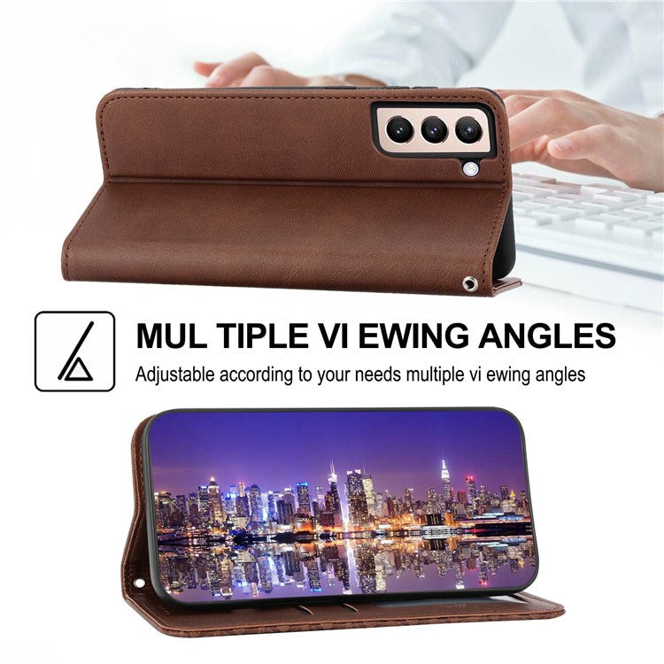 For Samsung Galaxy S22 5G Imprinted Rhombus Pattern Wallet Stand Phone Case Calf Texture PU Leather Shockproof Cover with Strap - Brown