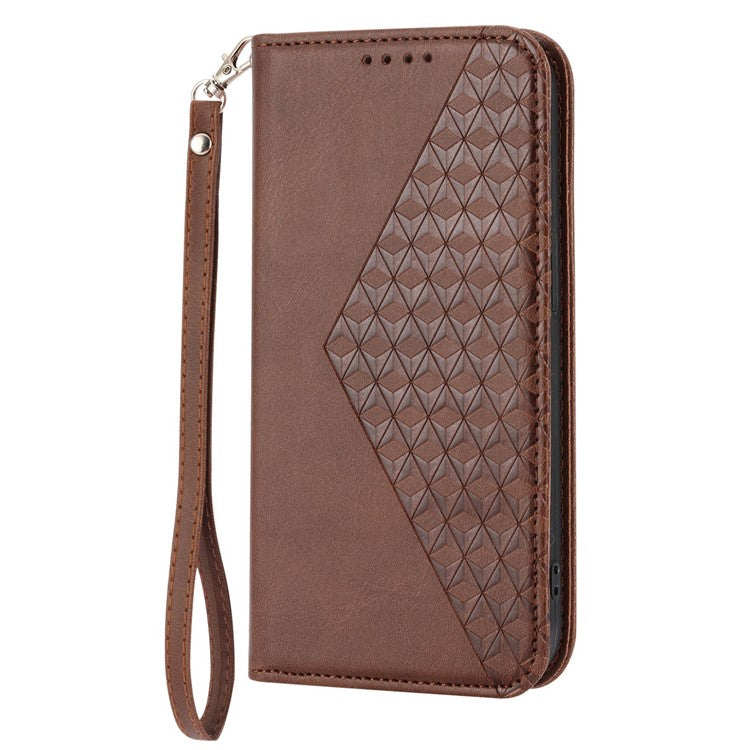 For Samsung Galaxy S22 5G Imprinted Rhombus Pattern Wallet Stand Phone Case Calf Texture PU Leather Shockproof Cover with Strap - Brown