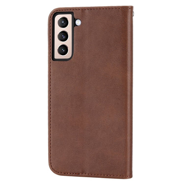 For Samsung Galaxy S22 5G Imprinted Rhombus Pattern Wallet Stand Phone Case Calf Texture PU Leather Shockproof Cover with Strap - Brown