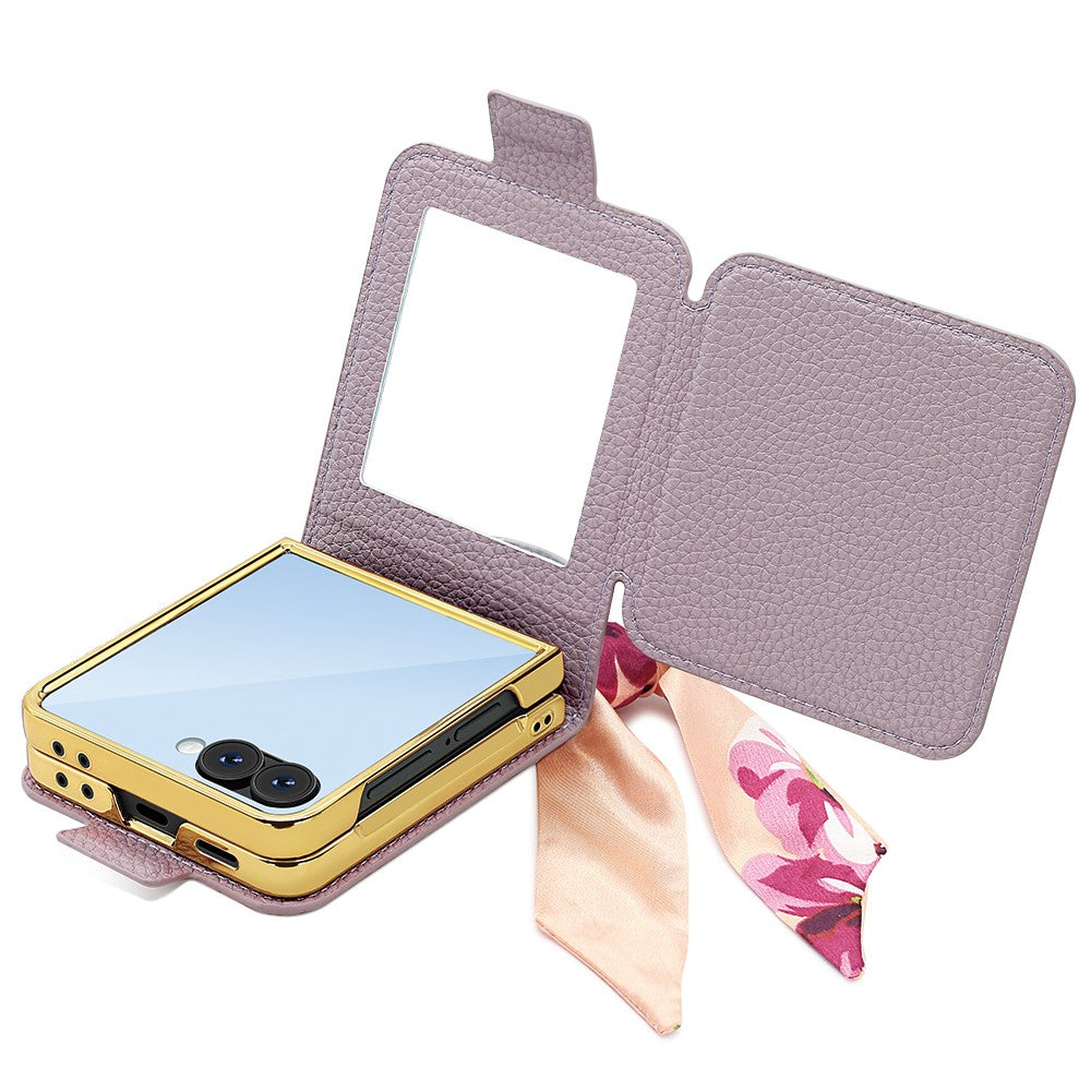 For Samsung Galaxy Z Flip7 5G Case PU Leather + PC Tote Phone Cover with Mirror - Black