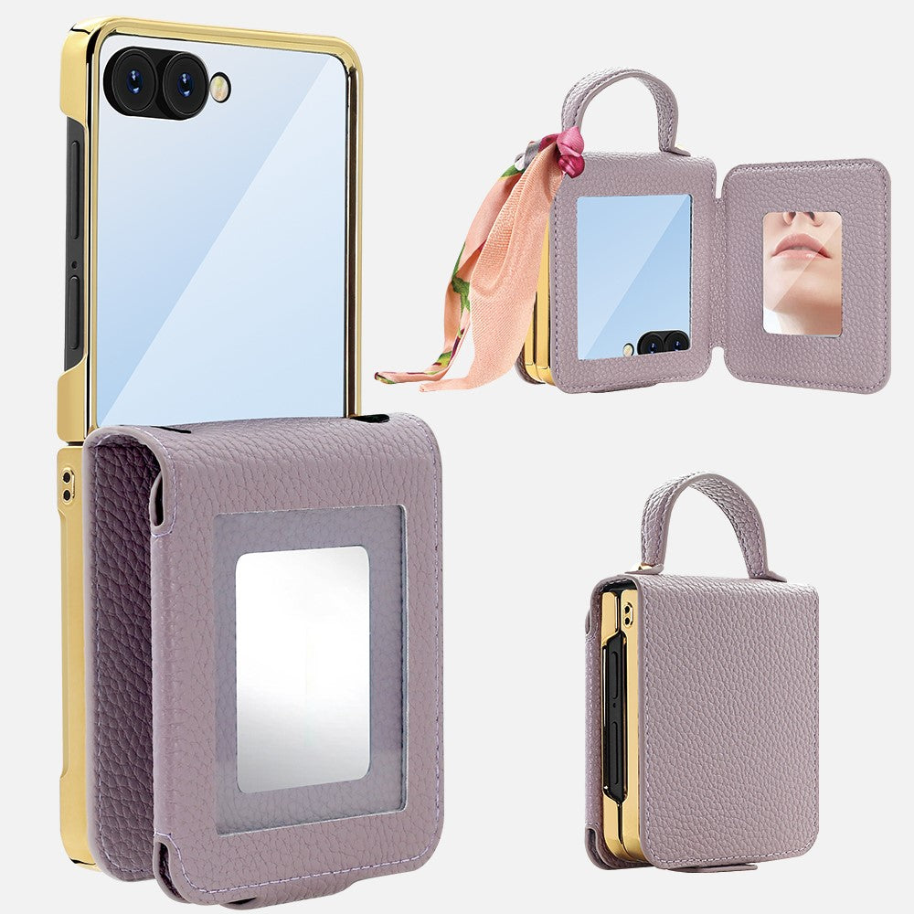 For Samsung Galaxy Z Flip7 5G Case PU Leather + PC Tote Phone Cover with Mirror - Red
