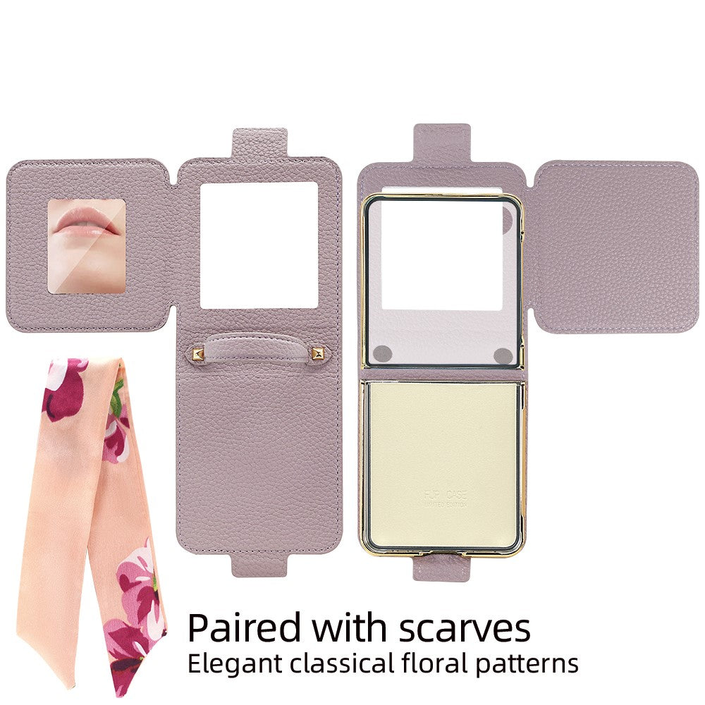 For Samsung Galaxy Z Flip7 5G Case PU Leather + PC Tote Phone Cover with Mirror - Beige