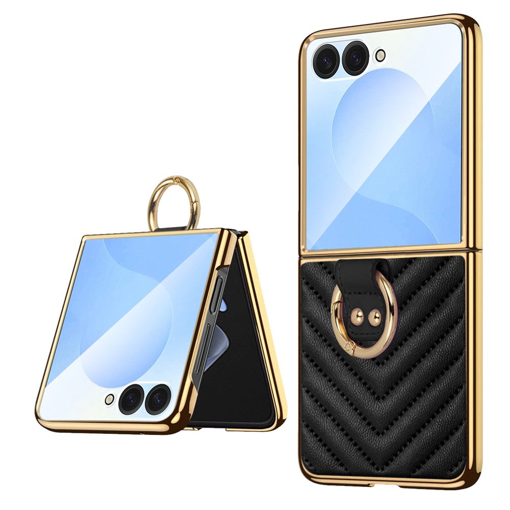 For Samsung Galaxy Z Flip7 5G Case V-Shape Pattern Kickstand PC Phone Cover - Black