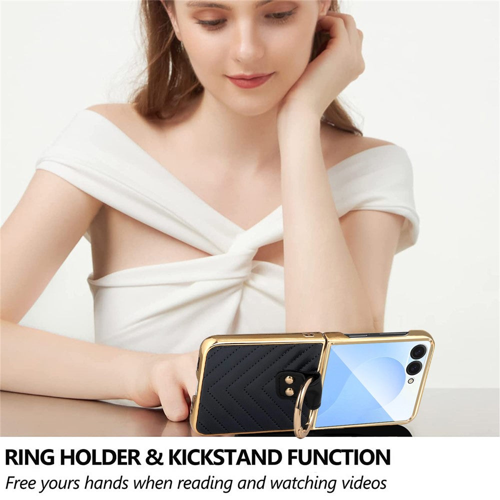 For Samsung Galaxy Z Flip7 5G Case V-Shape Pattern Kickstand PC Phone Cover - Black