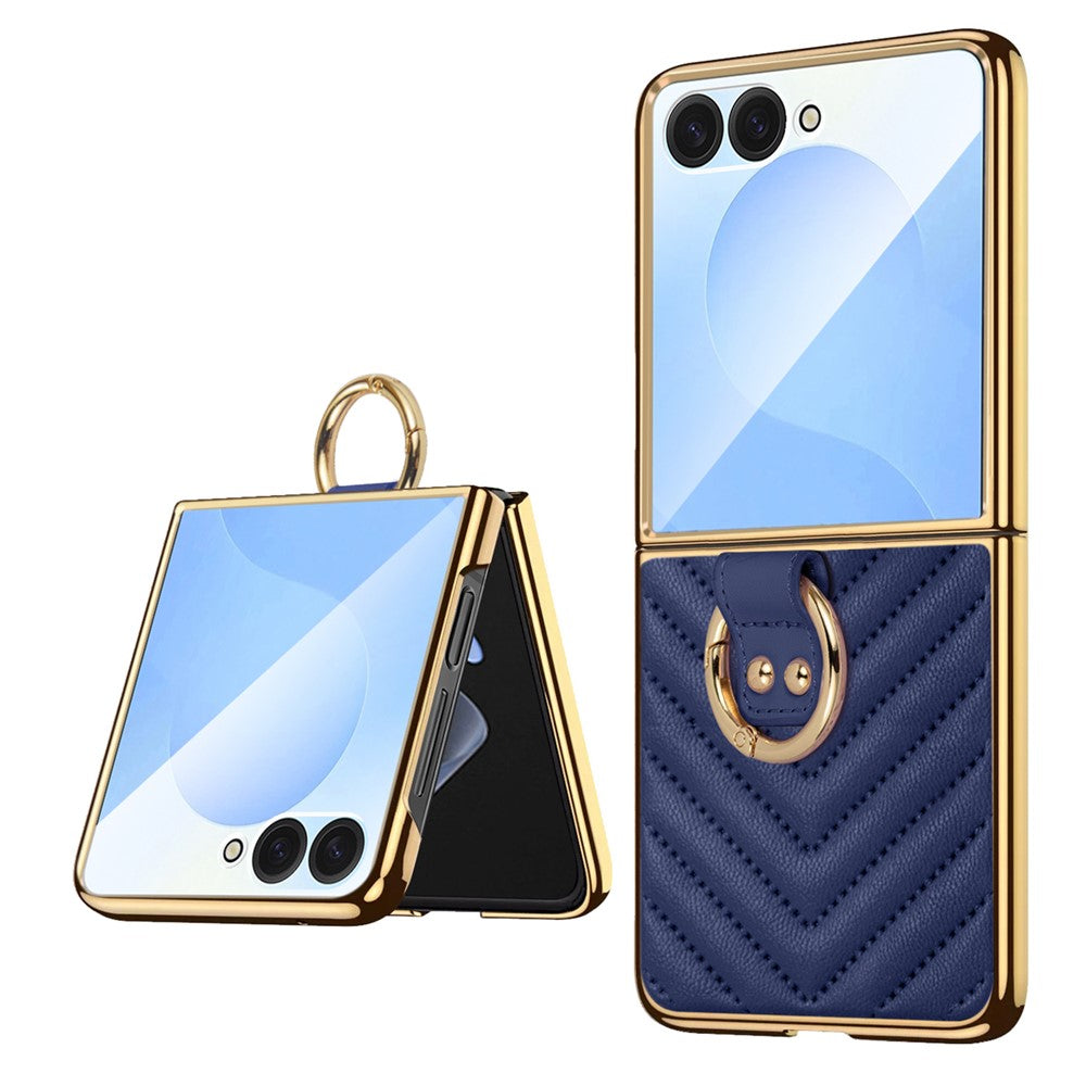 For Samsung Galaxy Z Flip7 5G Case V-Shape Pattern Kickstand PC Phone Cover - Blue