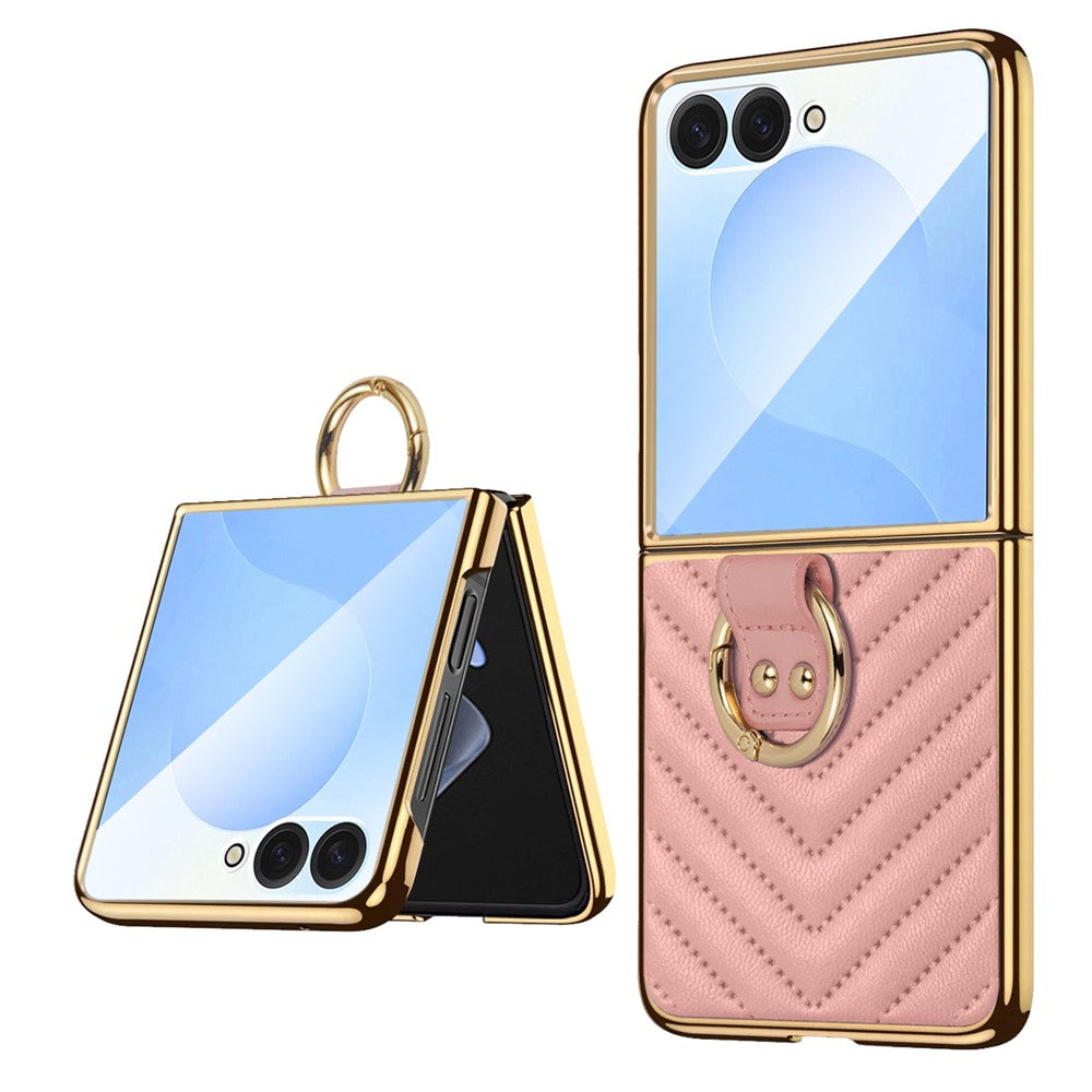 For Samsung Galaxy Z Flip7 5G Case V-Shape Pattern Kickstand PC Phone Cover - Pink