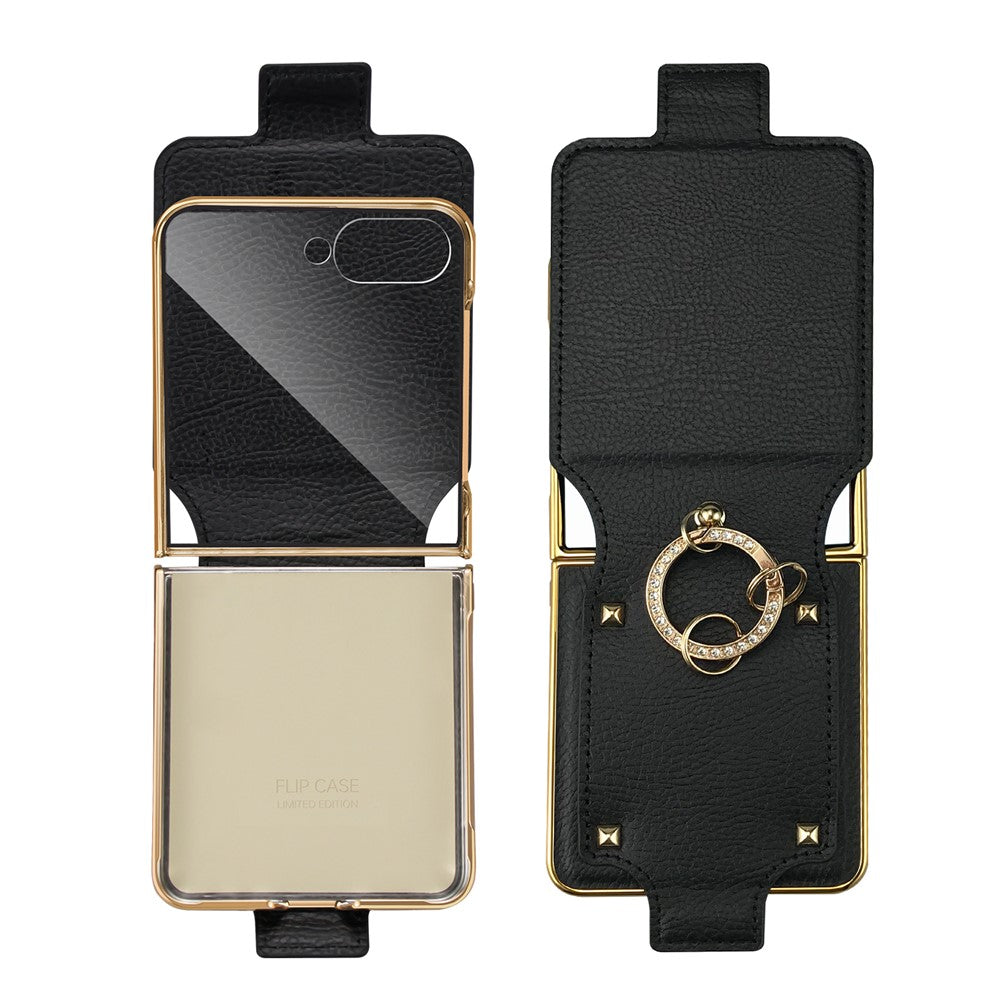 For Samsung Galaxy Z Flip7 5G Case PU + PC Protective Phone Cover with Finger Holder - Black