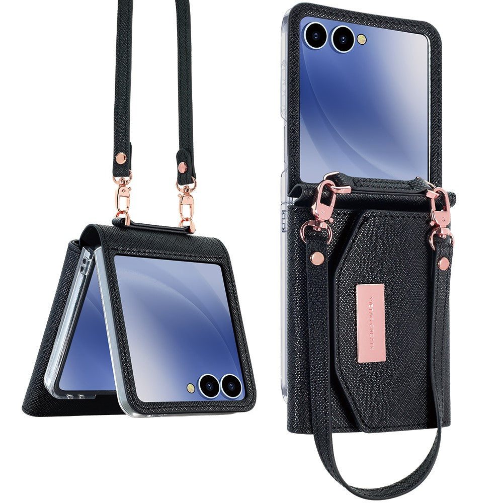 For Samsung Galaxy Z Flip7 5G Wallet Case PU + PC Shockproof Phone Cover with Wrist Strap - Black