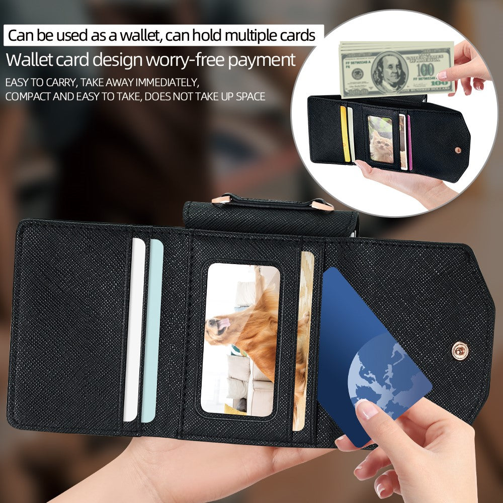 For Samsung Galaxy Z Flip7 5G Wallet Case PU + PC Shockproof Phone Cover with Wrist Strap - Black