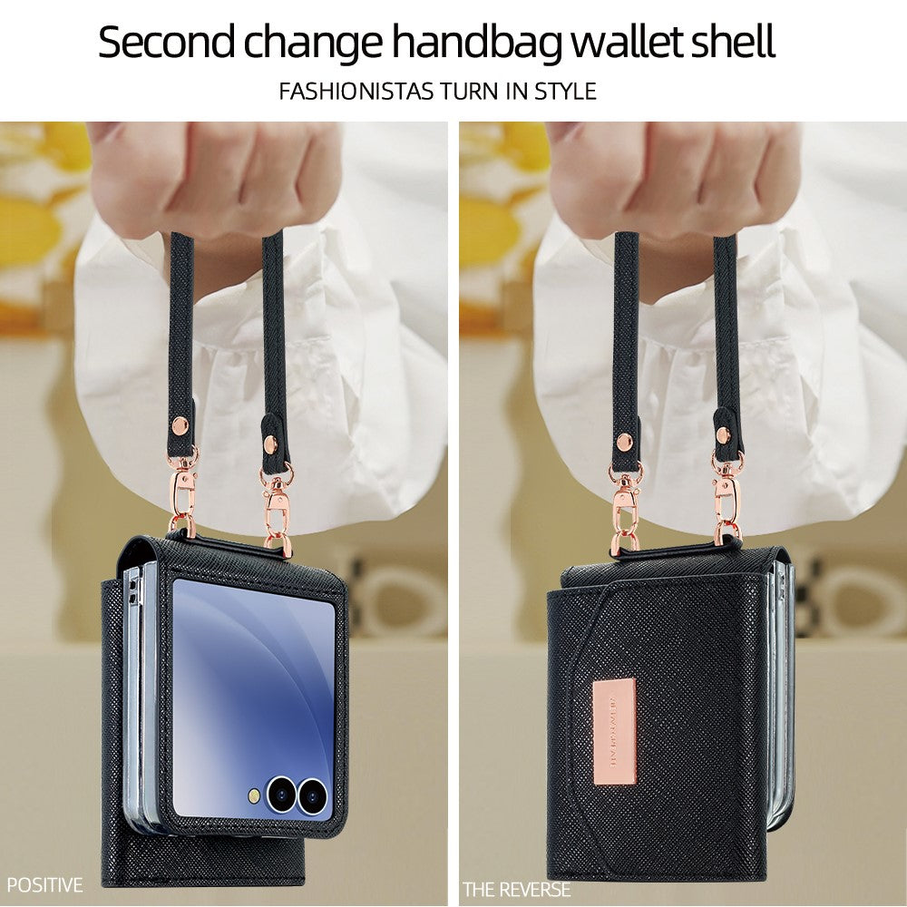 For Samsung Galaxy Z Flip7 5G Wallet Case PU + PC Shockproof Phone Cover with Wrist Strap - Black