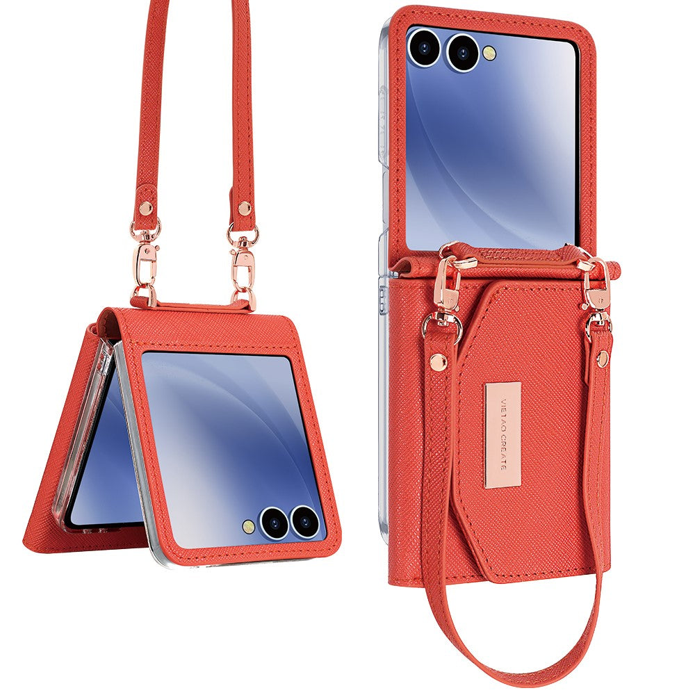 For Samsung Galaxy Z Flip7 5G Wallet Case PU + PC Shockproof Phone Cover with Wrist Strap - Orange