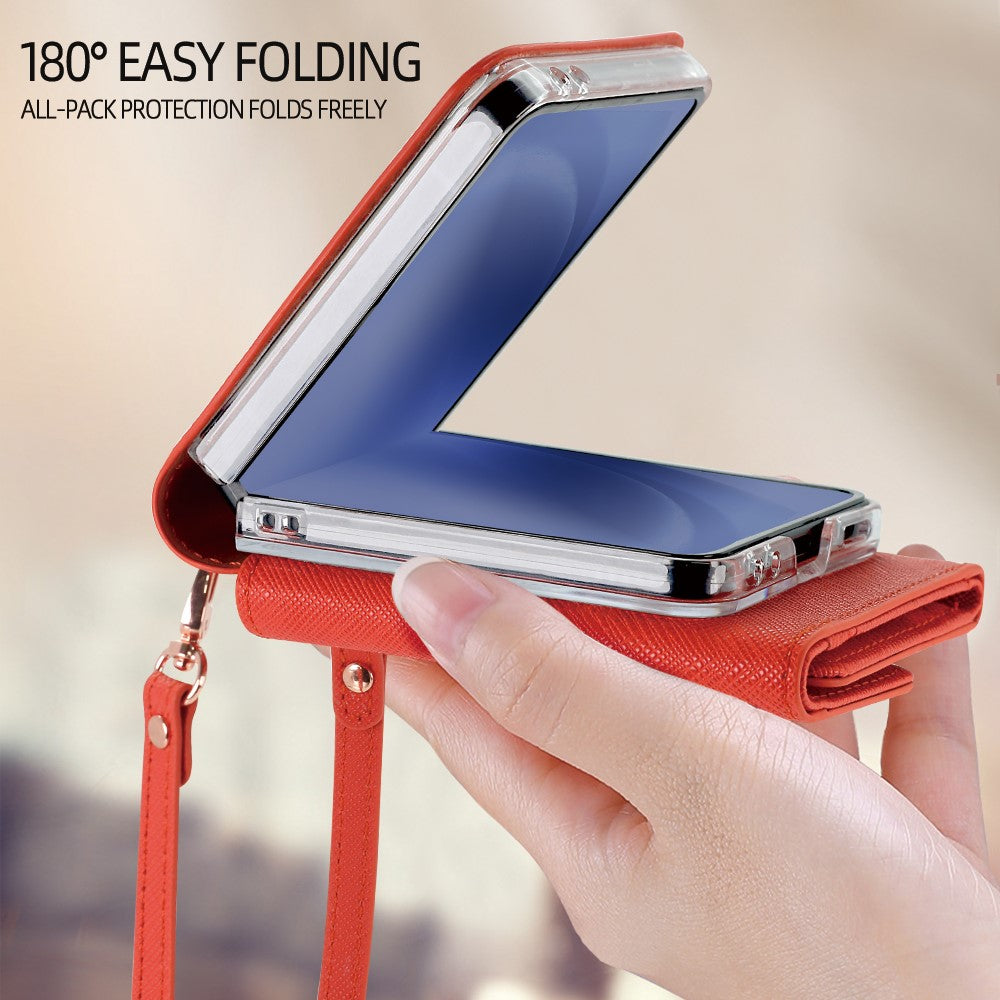 For Samsung Galaxy Z Flip7 5G Wallet Case PU + PC Shockproof Phone Cover with Wrist Strap - Orange