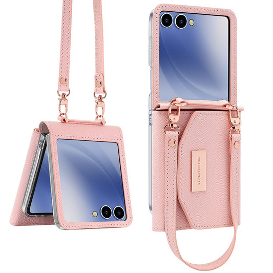 For Samsung Galaxy Z Flip7 5G Wallet Case PU + PC Shockproof Phone Cover with Wrist Strap - Pink