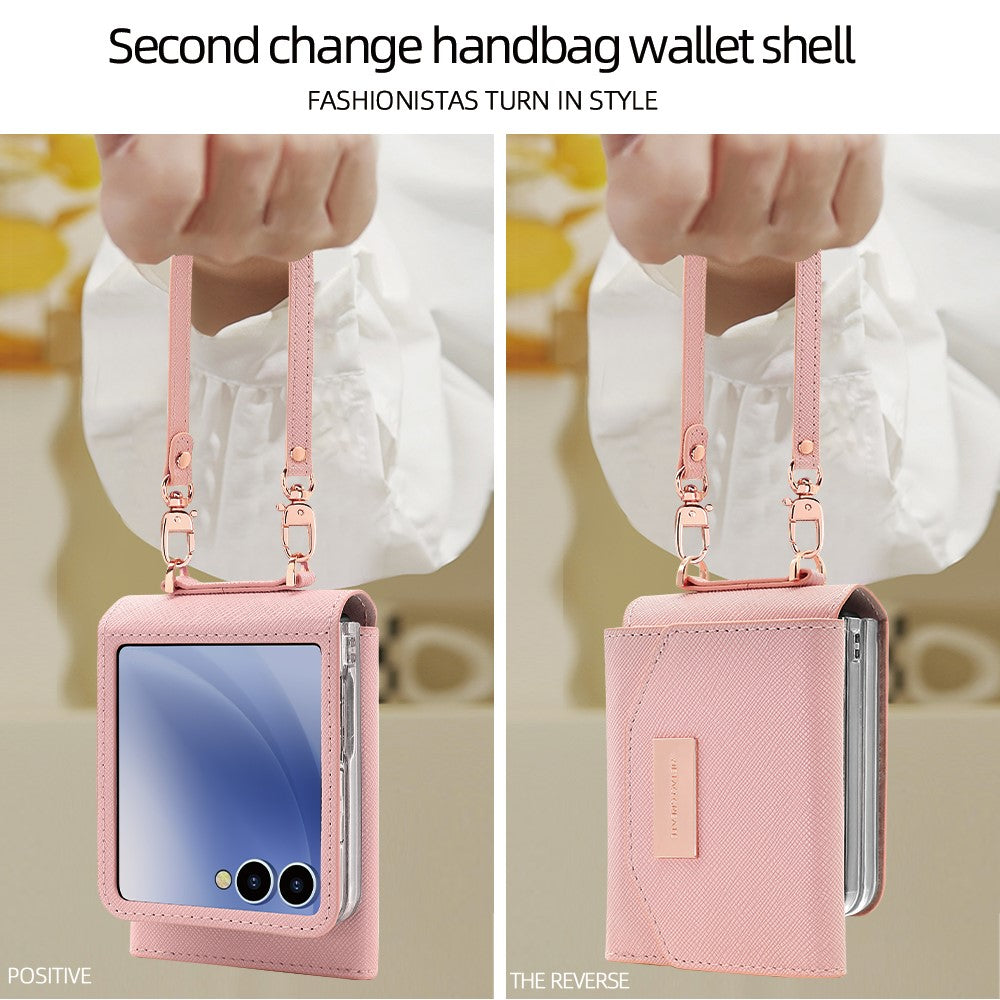 For Samsung Galaxy Z Flip7 5G Wallet Case PU + PC Shockproof Phone Cover with Wrist Strap - Pink
