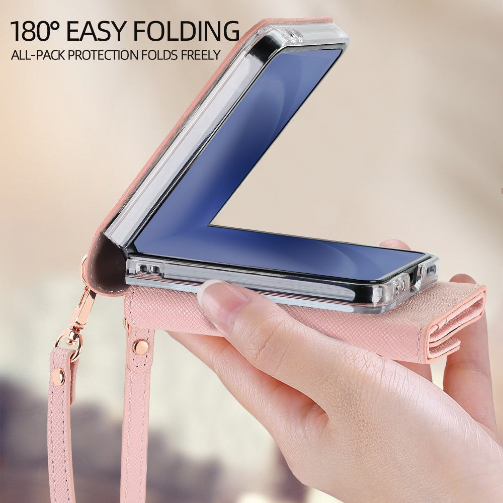 For Samsung Galaxy Z Flip7 5G Wallet Case PU + PC Shockproof Phone Cover with Wrist Strap - Pink