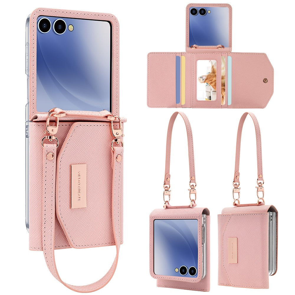 For Samsung Galaxy Z Flip7 5G Wallet Case PU + PC Shockproof Phone Cover with Wrist Strap - Pink
