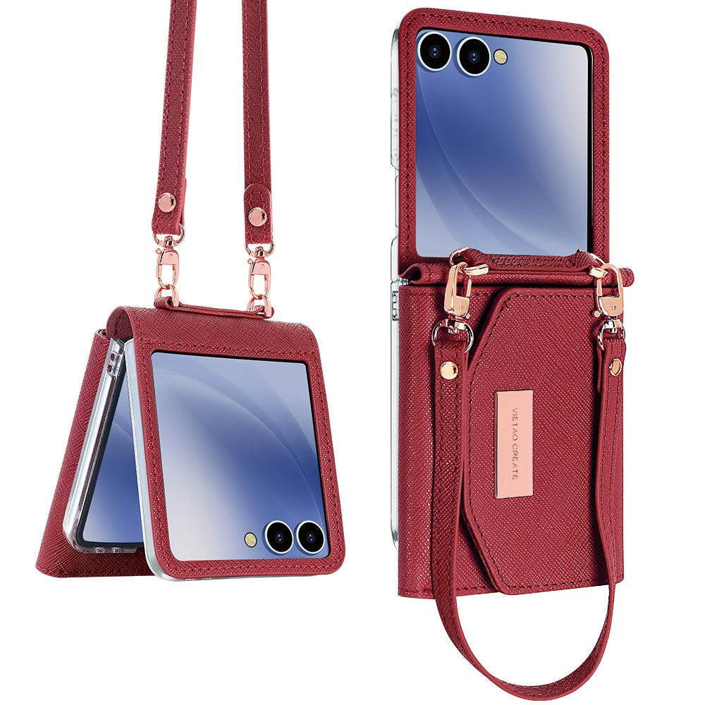For Samsung Galaxy Z Flip7 5G Wallet Case PU + PC Shockproof Phone Cover with Wrist Strap - Red