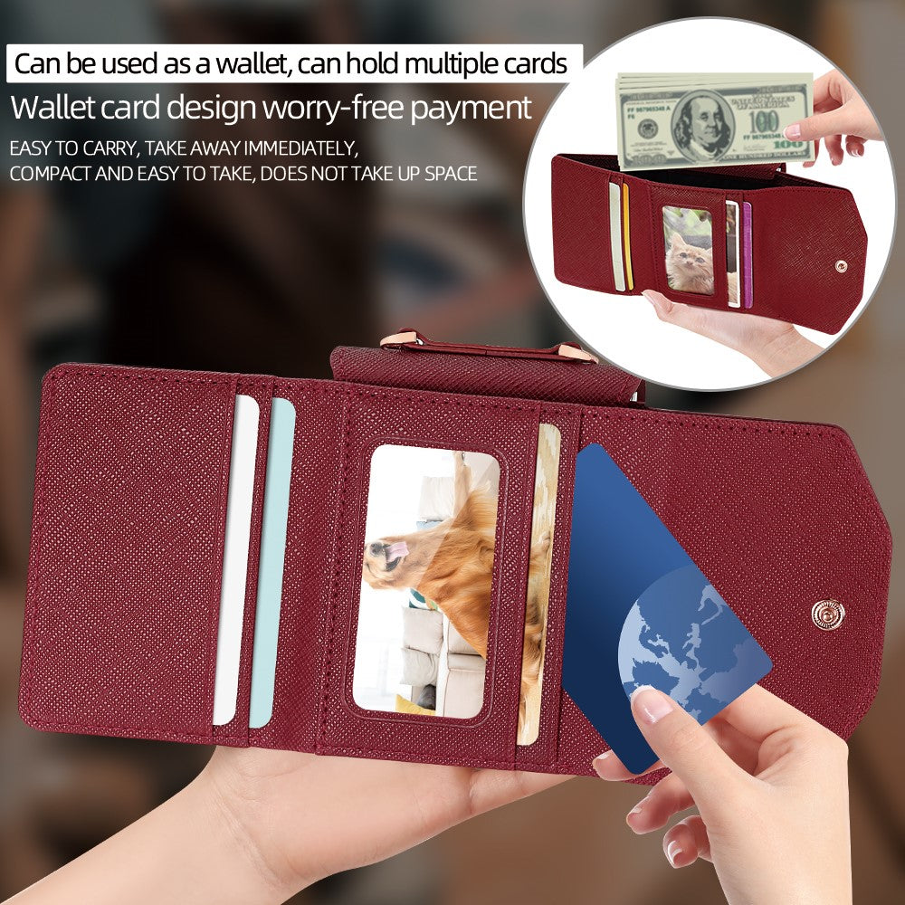 For Samsung Galaxy Z Flip7 5G Wallet Case PU + PC Shockproof Phone Cover with Wrist Strap - Red