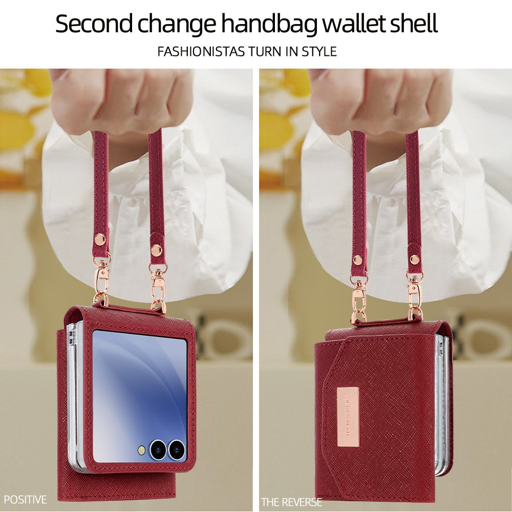 For Samsung Galaxy Z Flip7 5G Wallet Case PU + PC Shockproof Phone Cover with Wrist Strap - Red
