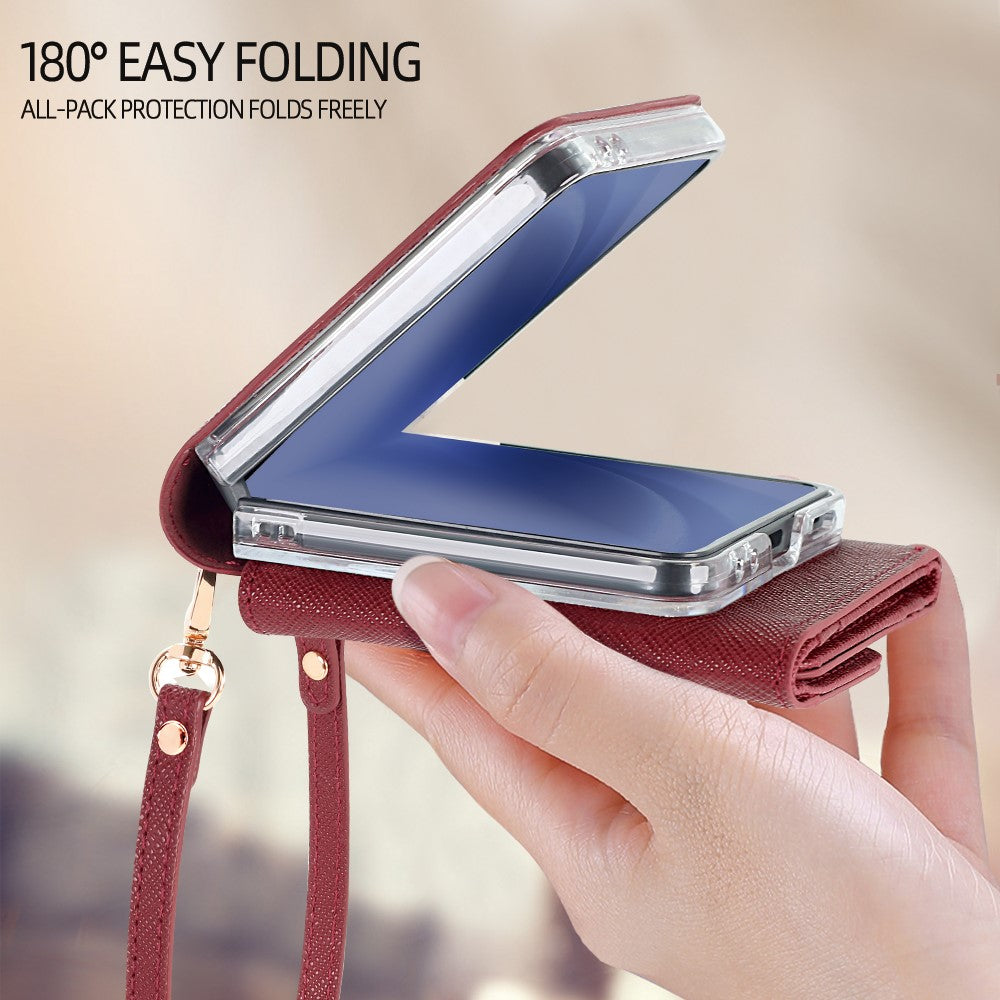 For Samsung Galaxy Z Flip7 5G Wallet Case PU + PC Shockproof Phone Cover with Wrist Strap - Red