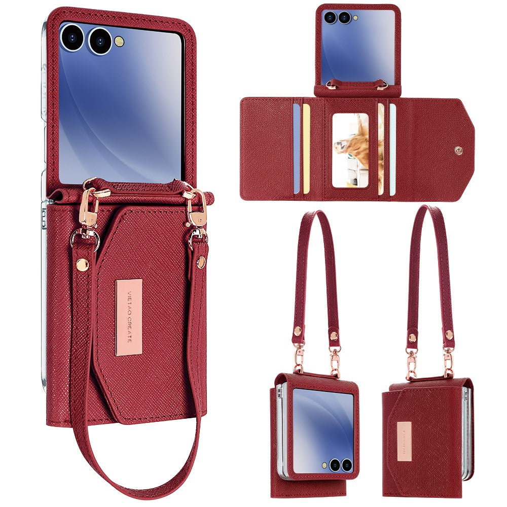 For Samsung Galaxy Z Flip7 5G Wallet Case PU + PC Shockproof Phone Cover with Wrist Strap - Red