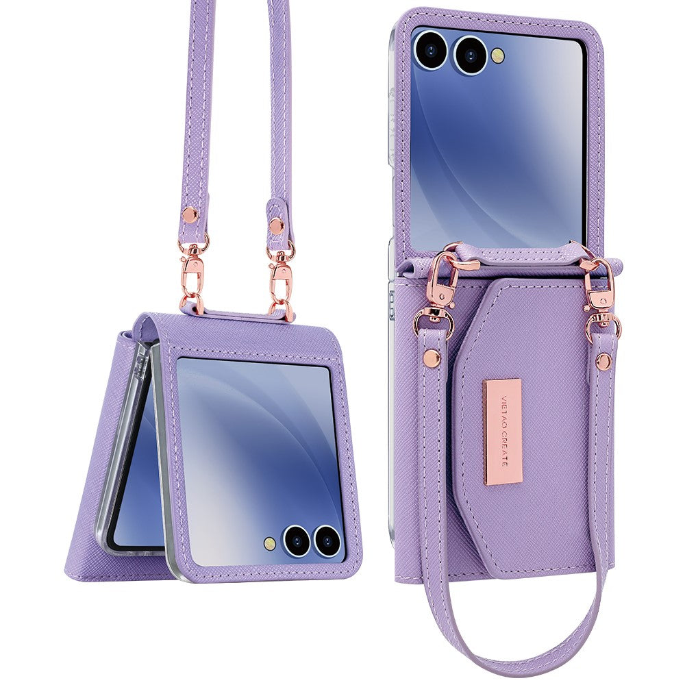 For Samsung Galaxy Z Flip7 5G Wallet Case PU + PC Shockproof Phone Cover with Wrist Strap - Purple
