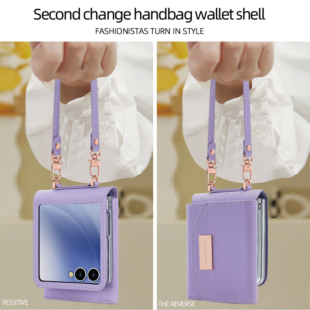 For Samsung Galaxy Z Flip7 5G Wallet Case PU + PC Shockproof Phone Cover with Wrist Strap - Purple