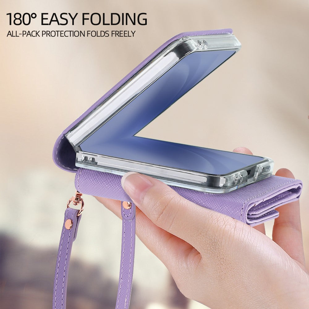 For Samsung Galaxy Z Flip7 5G Wallet Case PU + PC Shockproof Phone Cover with Wrist Strap - Purple