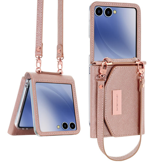 For Samsung Galaxy Z Flip7 5G Wallet Case PU + PC Shockproof Phone Cover with Wrist Strap - Rose Gold