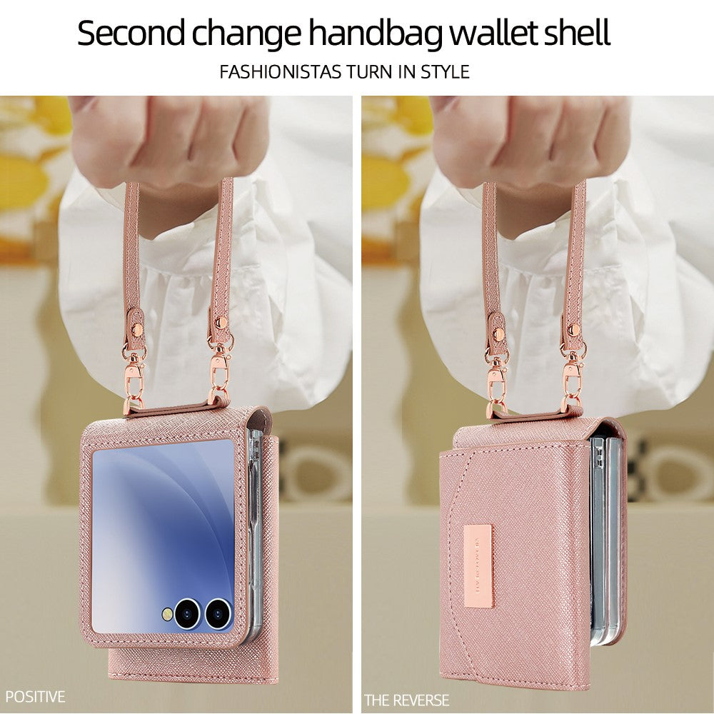 For Samsung Galaxy Z Flip7 5G Wallet Case PU + PC Shockproof Phone Cover with Wrist Strap - Rose Gold