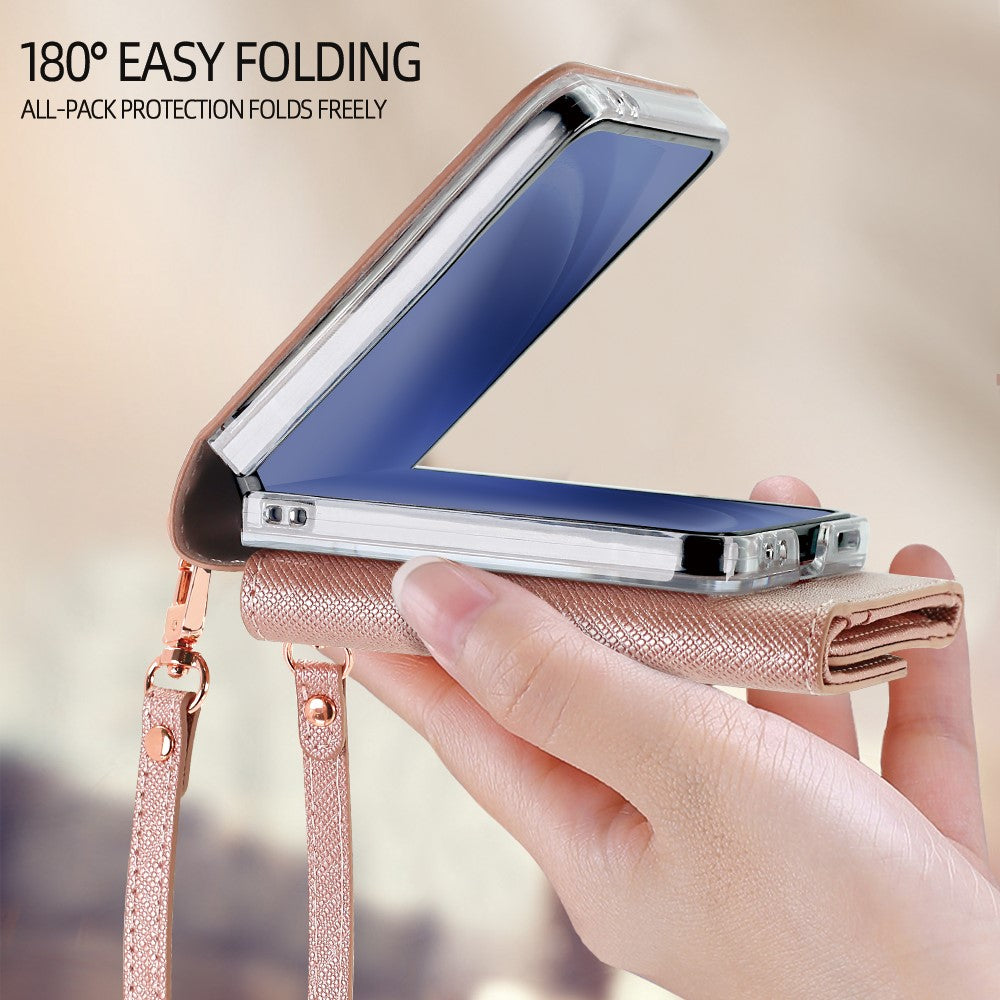 For Samsung Galaxy Z Flip7 5G Wallet Case PU + PC Shockproof Phone Cover with Wrist Strap - Rose Gold
