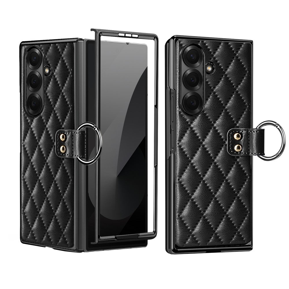 For Samsung Galaxy Z Fold7 5G Case Rhombus Grid Phone Cover with Tempered Glass Film - Black