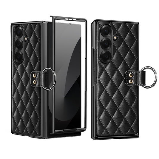 For Samsung Galaxy Z Fold7 5G Case Rhombus Grid Phone Cover with Tempered Glass Film - Black