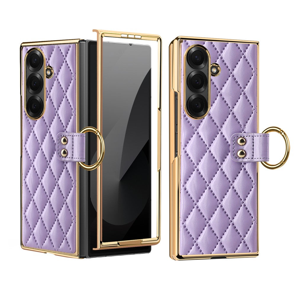For Samsung Galaxy Z Fold7 5G Case Rhombus Grid Phone Cover with Tempered Glass Film - Purple