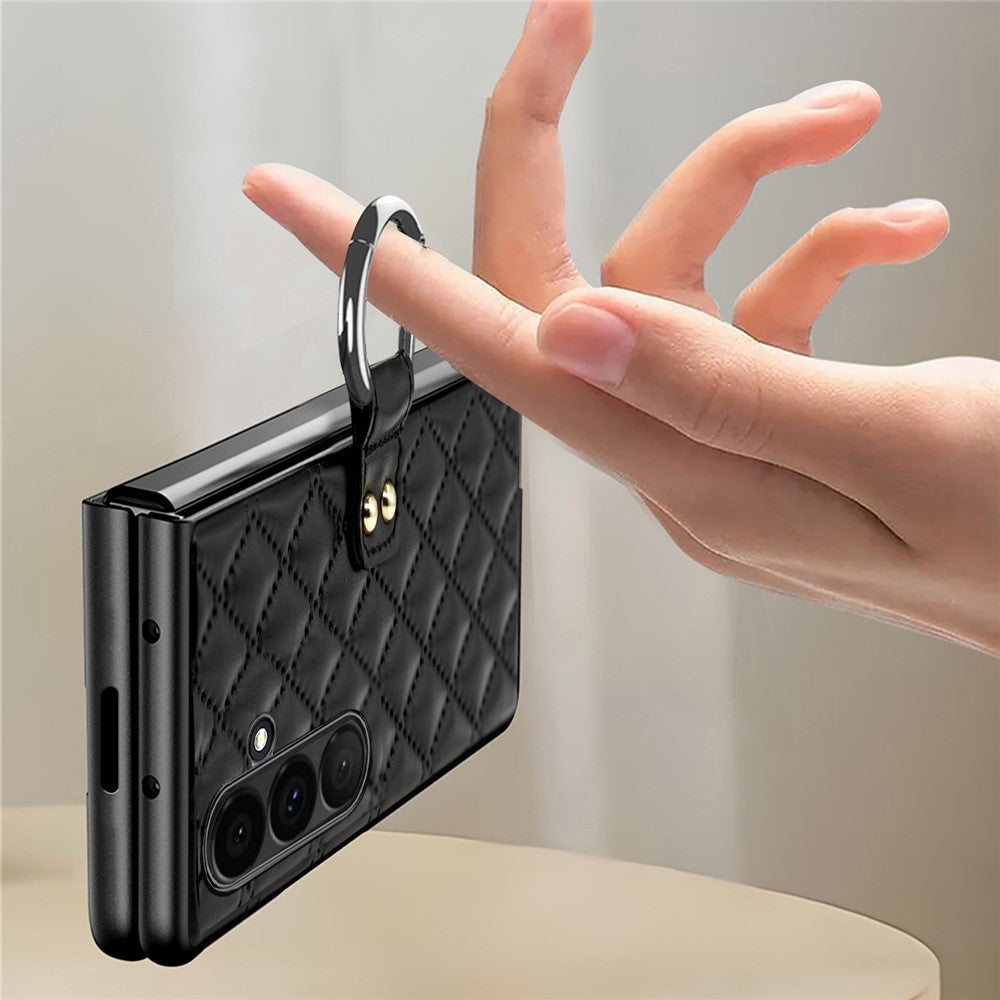 For Samsung Galaxy Z Fold7 5G Case Rhombus Grid Phone Cover with Tempered Glass Film - White