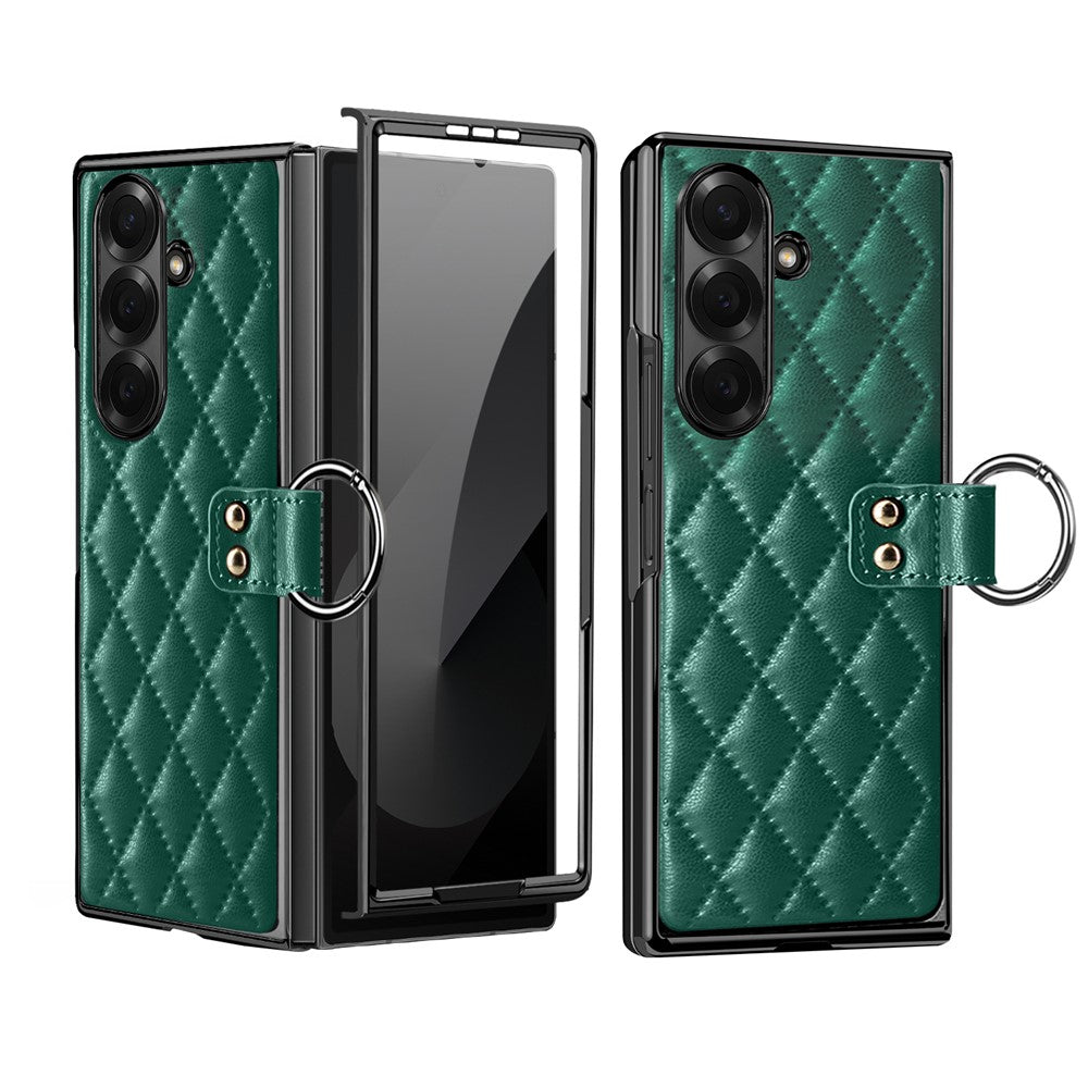 For Samsung Galaxy Z Fold7 5G Case Rhombus Grid Phone Cover with Tempered Glass Film - Blackish Green