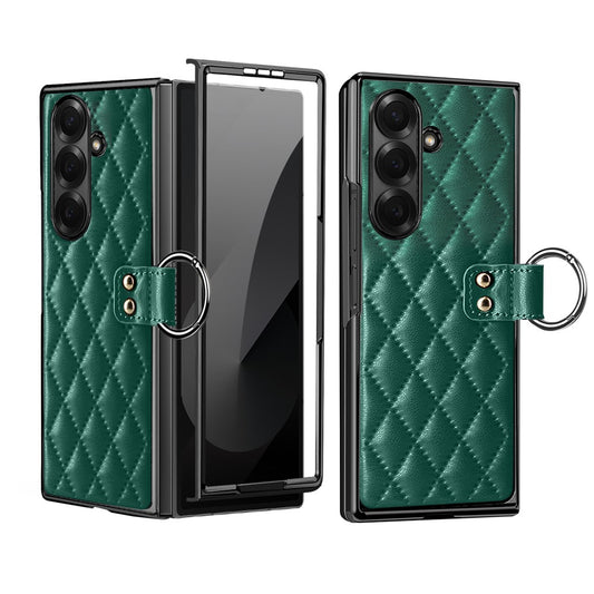 For Samsung Galaxy Z Fold7 5G Case Rhombus Grid Phone Cover with Tempered Glass Film - Blackish Green