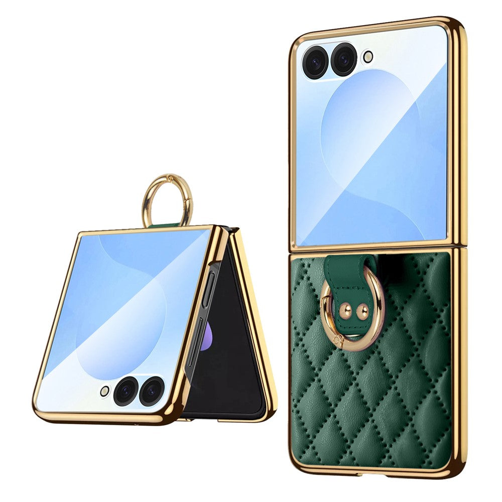 For Samsung Galaxy Z Flip7 5G Case Rhombus Grid Phone Cover with Tempered Glass Film - Blackish Green