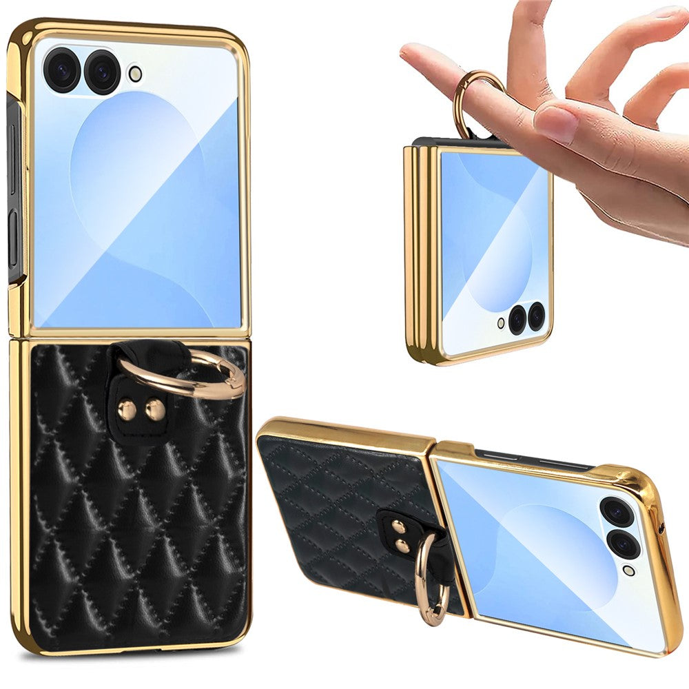 For Samsung Galaxy Z Flip7 5G Case Rhombus Grid Phone Cover with Tempered Glass Film - Blackish Green