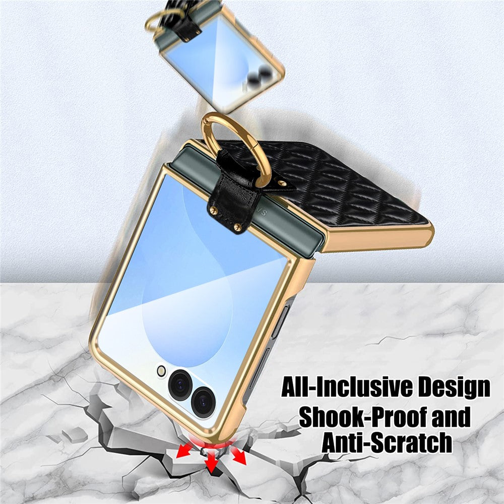 For Samsung Galaxy Z Flip7 5G Case Rhombus Grid Phone Cover with Tempered Glass Film - Blackish Green