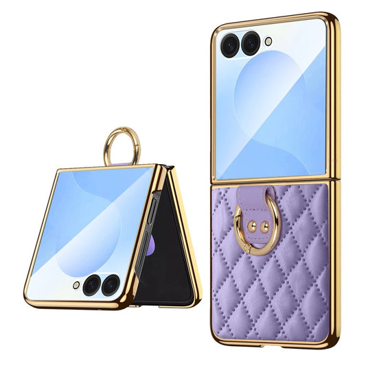 For Samsung Galaxy Z Flip7 5G Case Rhombus Grid Phone Cover with Tempered Glass Film - Purple