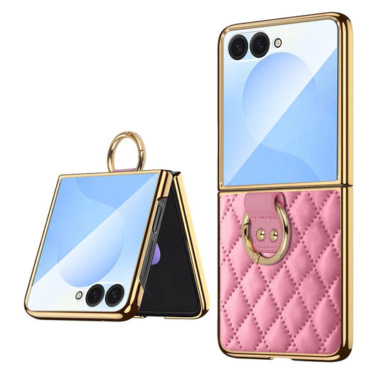 For Samsung Galaxy Z Flip7 5G Case Rhombus Grid Phone Cover with Tempered Glass Film - Pink