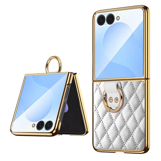 For Samsung Galaxy Z Flip7 5G Case Rhombus Grid Phone Cover with Tempered Glass Film - White